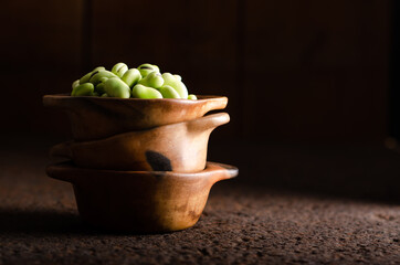 Fresh fava beans in a clay bowl.