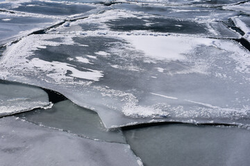 Sheets of thin ice seen on a river. Abstract concept of boating safety, drowning, danger.