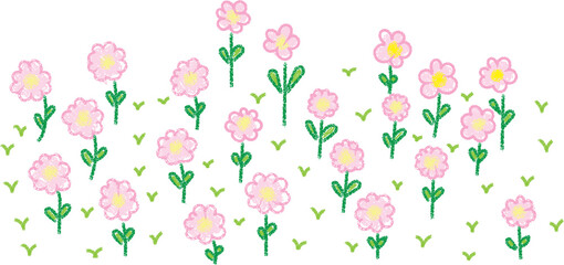 Wax crayon drawing pink flowers with green grass on white. Vector pastel chalk background banner.