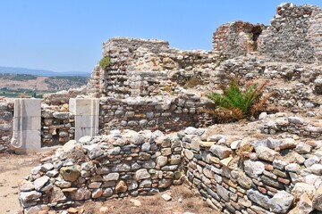 Beautiful view on ancient Ayasuluk Castle with destroyed medieval buildings, Selcuk, Ephesus, Turkey. Turkish famous historical landmark.