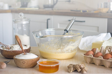 Homemade baking ingredients, authentic photo. The process of making homemade bread