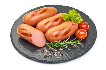 Grilled pork sausages, isolated on white background