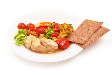 Chicken and vegetables stir fry, wok food, isolated on white background