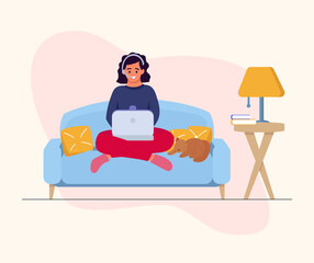 Happy woman sitting on sofa with laptop. Woman working at office or at home vector cartoon illustration