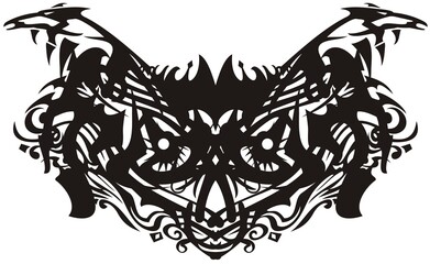 Ornamental black and white mask like a cat. Detailed tribal mask with unusual pattern for holidays and events, tattoo, embroidery, vinyl cutting, engraving, textiles, prints, etc.