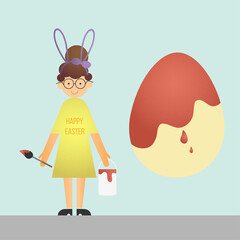 a girl in a yellow dress paints eggs red for easter