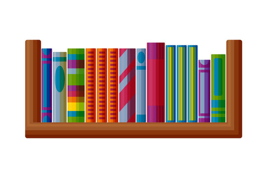 Books on the wood shelf. Bookshelf for interriors in cartoon style. Vector illustration isolated on white background