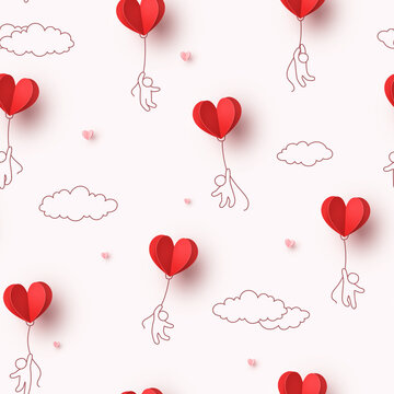 Hearts  Balloons With People Flying On Pink Sky Background. Vector Love Seamless Patern For Happy Mother's Or Valentine's Day Greeting Card Design