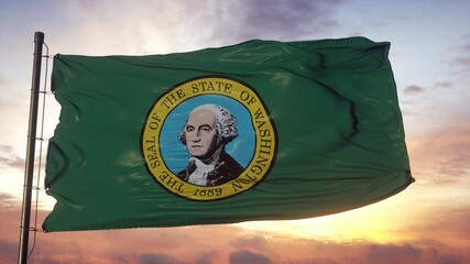 Flag of Washington waving in the wind against deep beautiful sky. 3d illustration