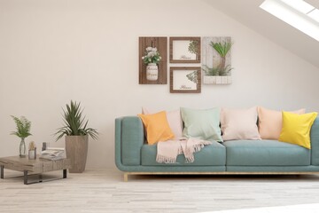 White living room with sofa. Scandinavian interior design. 3D illustration