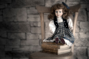 Muñeca de porcelana sentada en una silla de madera y vestida con un vestido a cuadros y una pared...