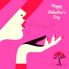 Silhouette woman with  heart. Girl with red lips in profile view. . Beauty Girl banner and valentine day. Vector