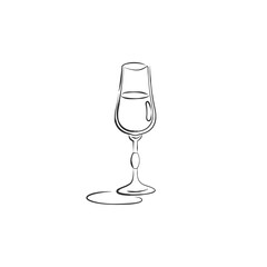 Wineglass liquor with shadow. Drink element. Contour object. Retro glassware hand draw design for any purposes. Restaurant illustration. Simple sketch. Isolated on white background in engraving style