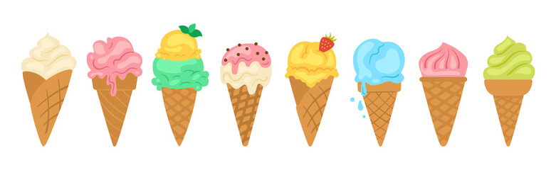 Ice cream bright cartoon set. Vanilla ice cream cone fruit, mint, berry pistachio and strawberries. Kawaiicute summer collection sweet food. Isolated cute dessert vector illustration
