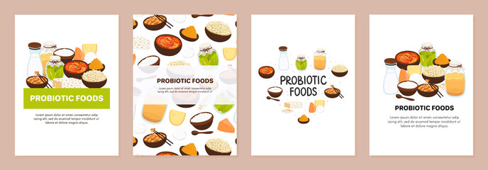 Fototapeta na wymiar Set of backgrounds with probiotic foods. Best sources of probiotics. Beneficial bacteria improve health. Designs is for brochure, menu, advertising flyer, booklet about diets, healthy proper nutrition