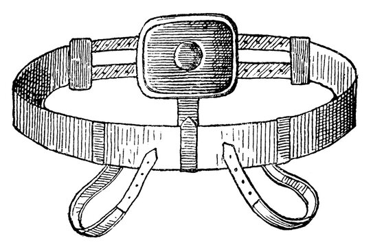 Umbilical hernia belt. Illustration of the 19th century. Germany. White background.
