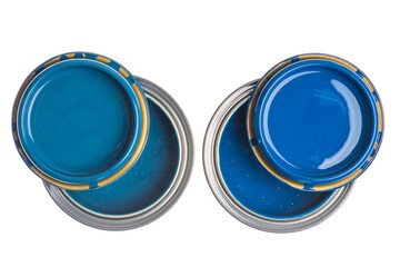 Two opened cans with blue paint top view isolated on white background