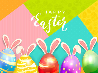 Easter Eggs with Rabbit Ears on Colored Background