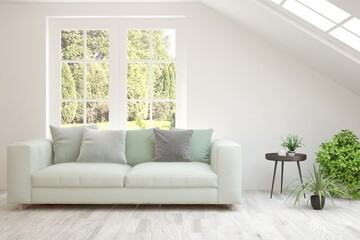 White living room with sofa and summer landscape in window. Scandinavian interior design. 3D illustration