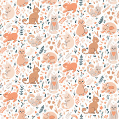 Seamless pattern of cute cat in different poses. Funny doodle kitty isolated on white background. Flowers, hearts and stars. Flat cartoon vector illustration.