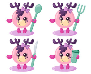 Set of funny cute kawaii moose or deer with round body, spoon, fork, knife and cup in flat design with shadows. Isolated animal vector illustration with cutlery