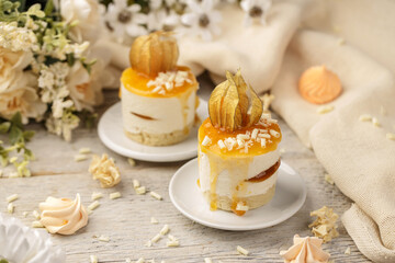Mini peach cake on a wooden background