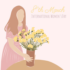 8'th March, International Women's Day postcard with young girl in pink dress with vase of yellow flowers
