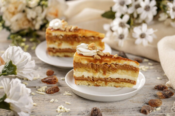 Caramel cake on a white plate