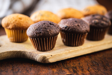 Chocolate and vanilla muffins. Sweet cupcakes.