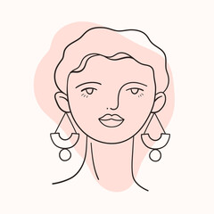 Illustration of the face of a young women on the background of an abstract shape. Hand drawn art in modern style.