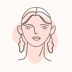 Illustration of the face of a young woman on the background of an abstract shape. Hand drawn art in modern style.