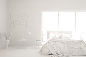 Modern bedroom in white color. Scandinavian interior design. 3D illustration