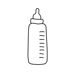 Illustration with a baby milk bottle. Vector clip art on a white isolated background in doodle style for a children's store, website, postcard or poster