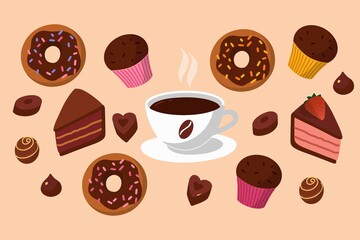 Concept vector illustration. Cartoon style. Delicious breakfast or coffee break, coffee, and sweets. Chocolate bakery and candies. Banner for restaurants, cover for a menu of confectionery, pastry