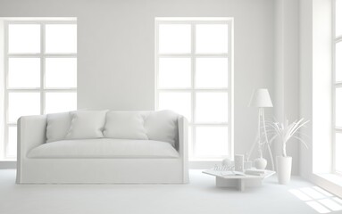 White minimalist living room with sofa. Scandinavian interior design. 3D illustration