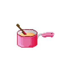 Soup pixel art. Pink pot pixel art. Food vector illustration. Meal picture. Valentine's Day. Casserole with soup.