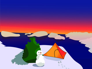Camping in the mountains illustration with sunset