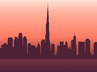 The city of Dubai background. UAE urban cityscape. Countour of buildings. Evening scene color wallpaper. 