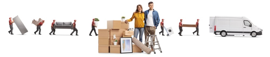 Young couple with a pile of cardboard boxes and workers from a moving company