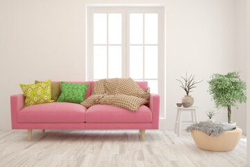 White living room with sofa. Scandinavian interior design. 3D illustration