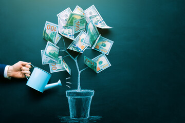 the businessman is watering money tree made by us dollar bills. Business, saving, growth, economic concept. Investors strategy, funding symbol. Copy space.