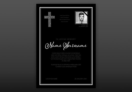 Black Funeral Condolence Card Layout with Photo Placeholder