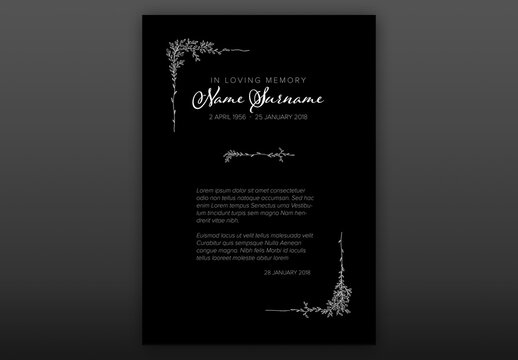 Black Funeral Condolence Card Layout with Floral Elements