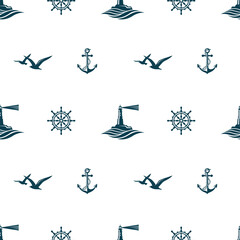 nautical seamless pattern with lighthouse, helm, anchor and seagulls on white background
