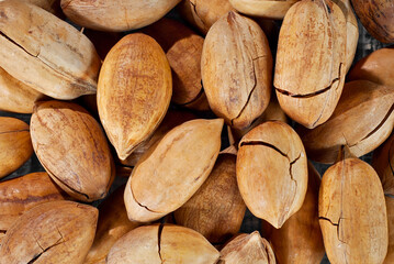 Pecan texture close up. Nuts on a pile on a black wooden board.