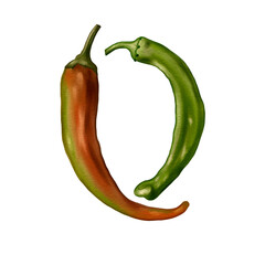 Watercolor realistic illustration of two hot chili peppers with green stems on a white background. Set of two green and red peperoni close-up. Isolated vegetables for print, cover, menu.
