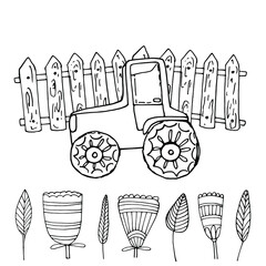 Garden bed, planting seeds in the ground. Harvesting. Vegetable garden with carrots. Wooden fence. Tractor. Rural landscape. Coloring book for children and adults. For design, textiles. Isolate on whi
