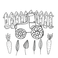 Garden bed, planting seeds in the ground. Harvesting. Vegetable garden with carrots. Wooden fence. Tractor. Rural landscape. Coloring book for children and adults. For design, textiles. Isolate on whi