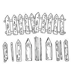 Pattern with a wooden fence, stakes. Hand-made graphics Fences on a farm made of wood. Coloring book for children and adults. For design, wallpaper, banner. Stock graphics, isolate.