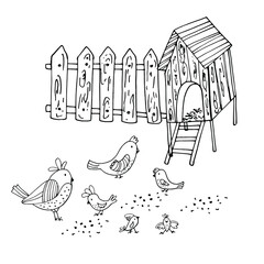 Easter coloring book. Chickens, poultry house. Wooden fence. Tractor. Rural landscape. Coloring book for children and adults. For design, textiles, study assignments. Stock hand graphics. Isolate 